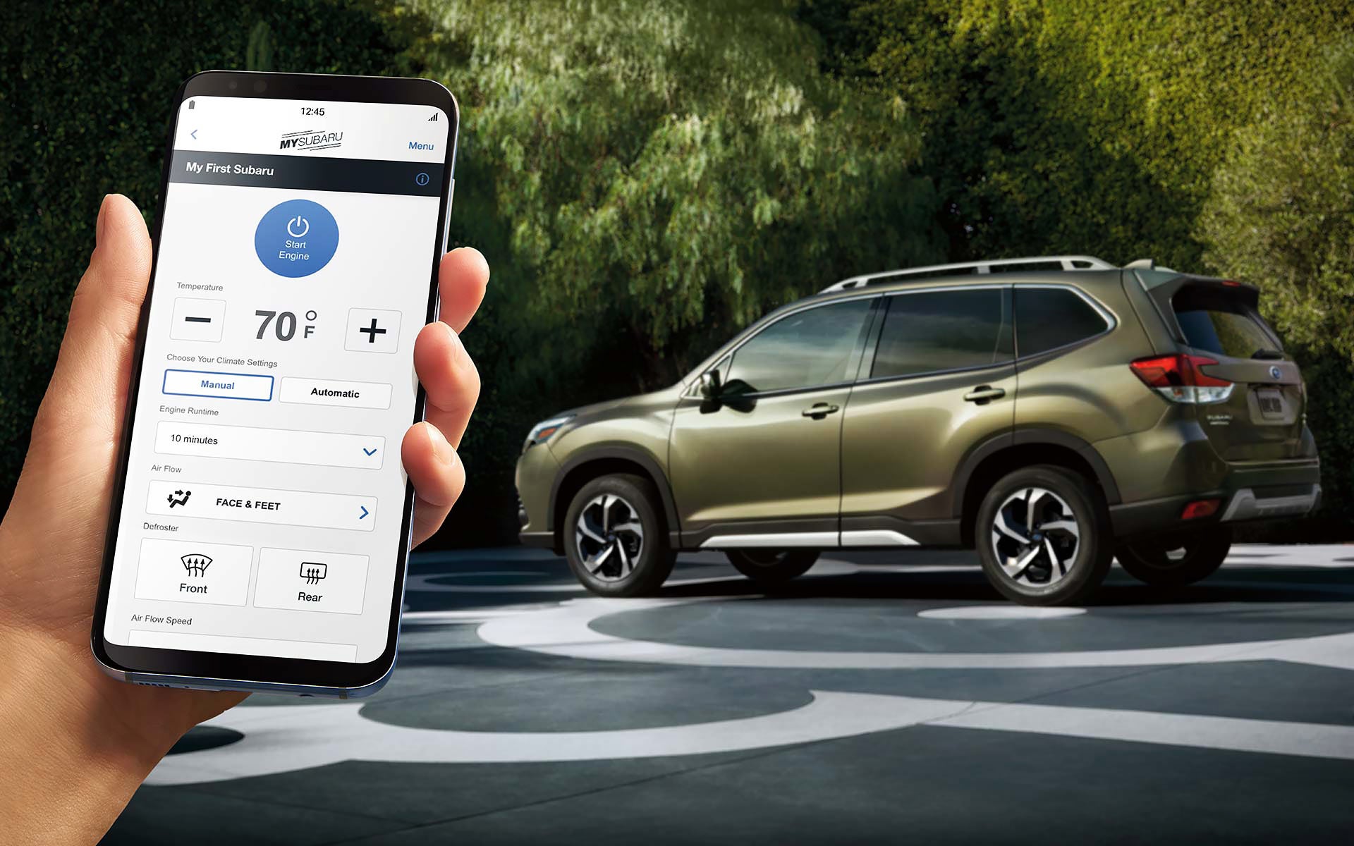 A close-up of a phone showing the Remote Engine Start with Climate Control feature of SUBARU STARLINK® Safety and Security available on the 2022 Forester. | Fuccillo Subaru in Watertown NY